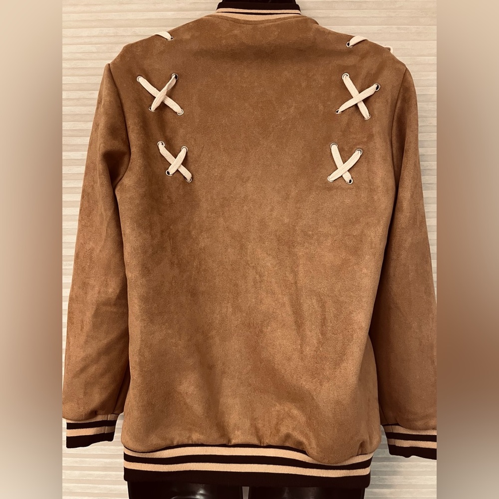 POL Camel FAUX SUEDE VARSITY Jacket SIZE SMALL Brand NEW - Picture 2 of 9